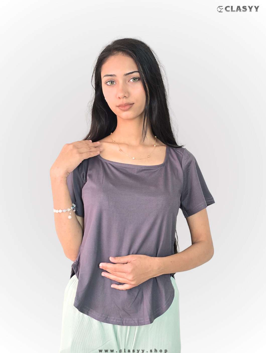 Girl's Summer Solid Short-sleeved Square Collar T-shirt