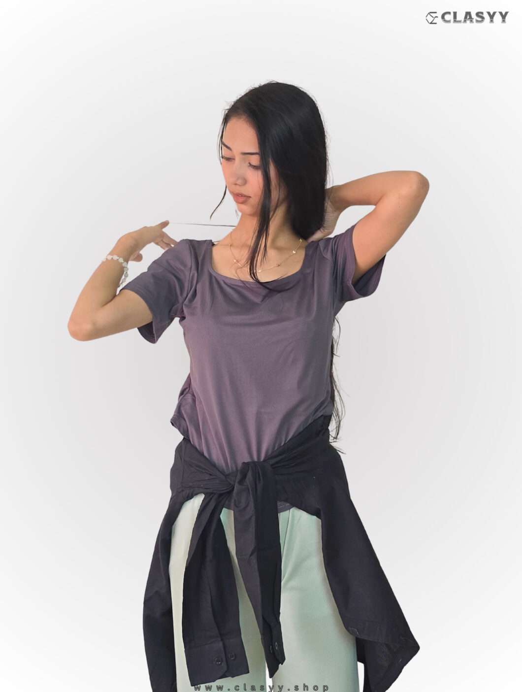 Girl's Summer Solid Short-sleeved Square Collar T-shirt
