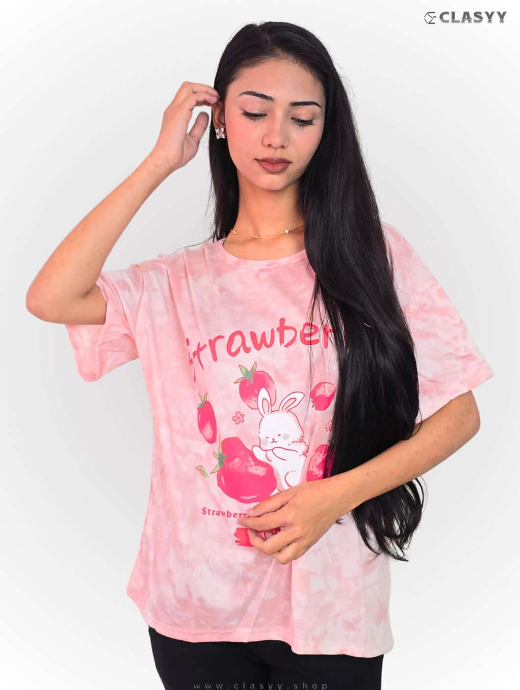Women Summer Printed Short-sleeved T-shirt with Shorts Combo Strawberry Rabbit