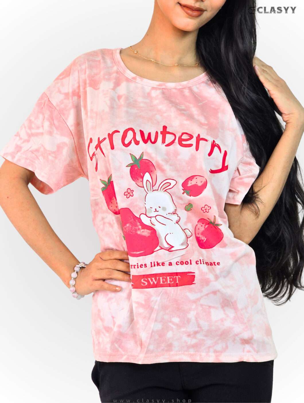 Women Summer Printed Short-sleeved T-shirt with Shorts Combo Strawberry Rabbit