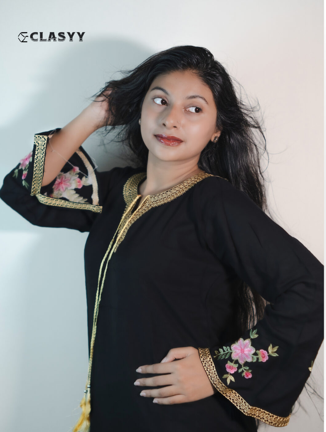 Women Black Floral Patterns Embroidered Bell Sleeve And Tasseled Neckline With Wide-leg Pants 2 piece Set | Co-Ord Set