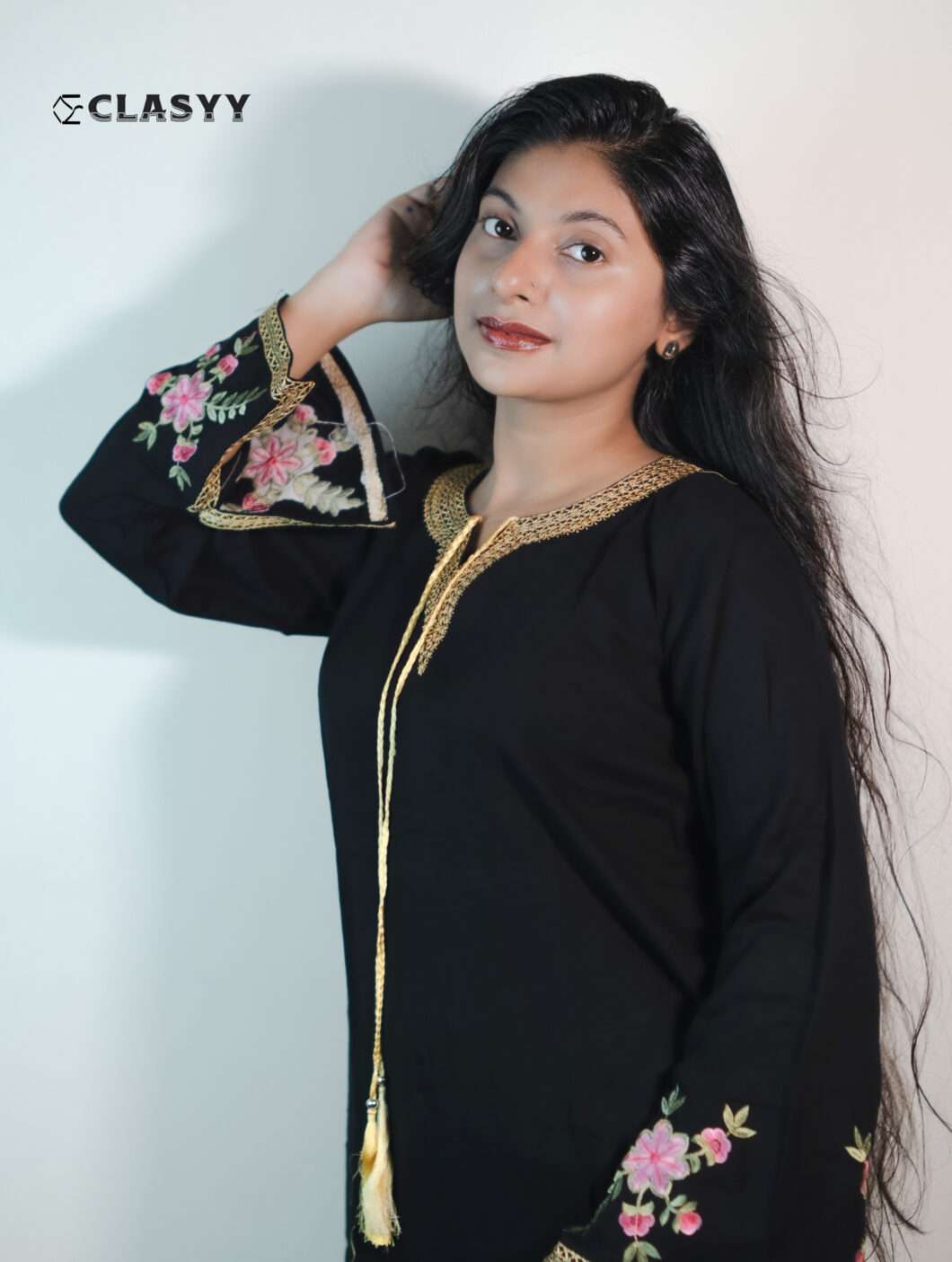 Women Black Floral Patterns Embroidered Bell Sleeve And Tasseled Neckline With Wide-leg Pants 2 piece Set | Co-Ord Set