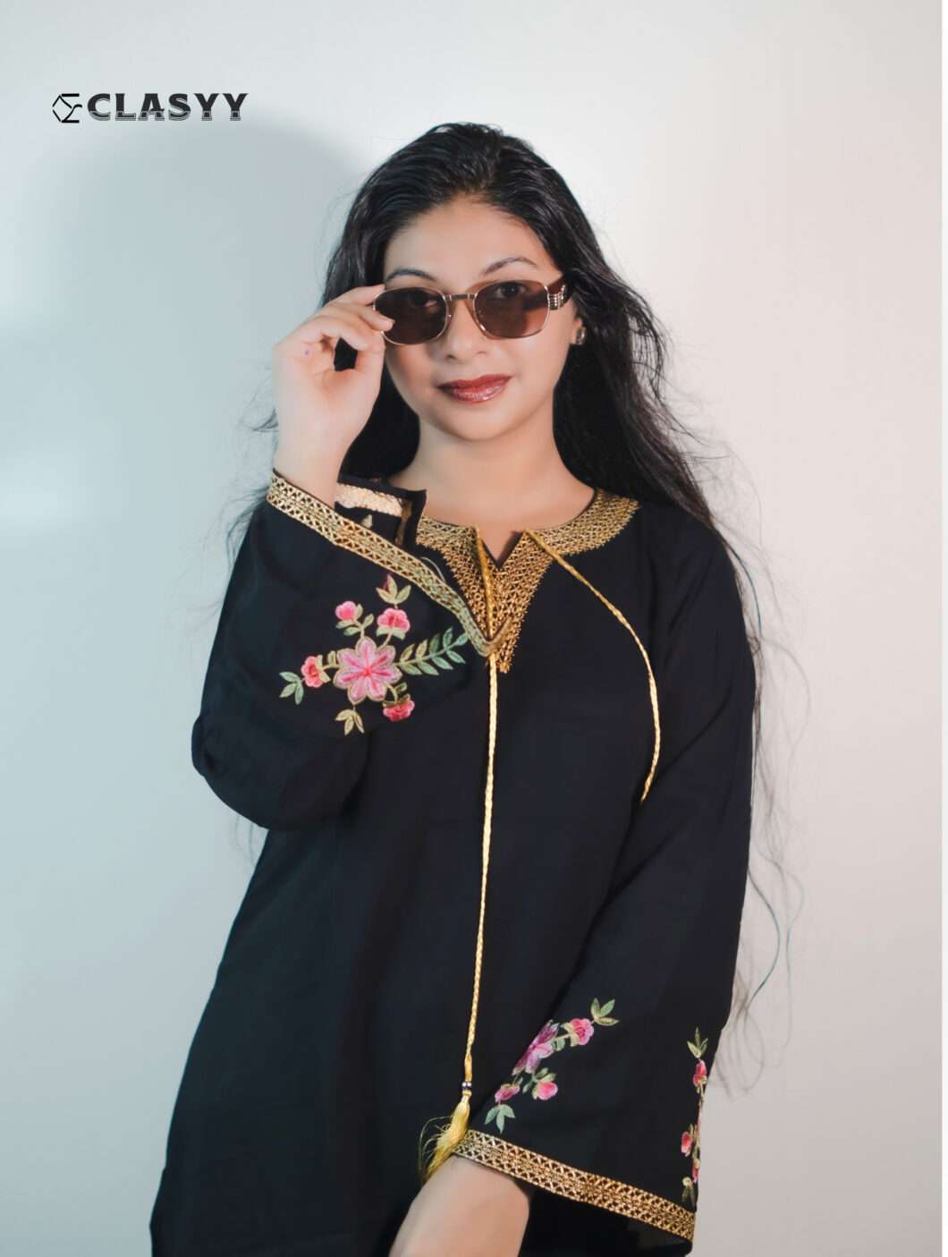 Women Black Floral Patterns Embroidered Bell Sleeve And Tasseled Neckline With Wide-leg Pants 2 piece Set | Co-Ord Set
