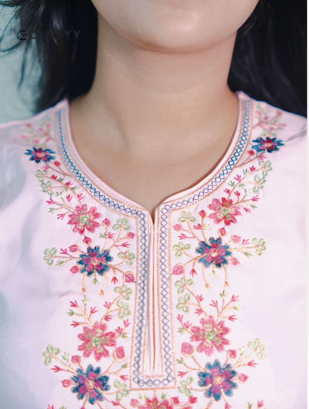 Women Blush Pink Embroidered Kurta with Floral Yoke