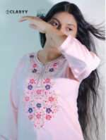 Women Blush Pink Embroidered Kurta with Floral Yoke