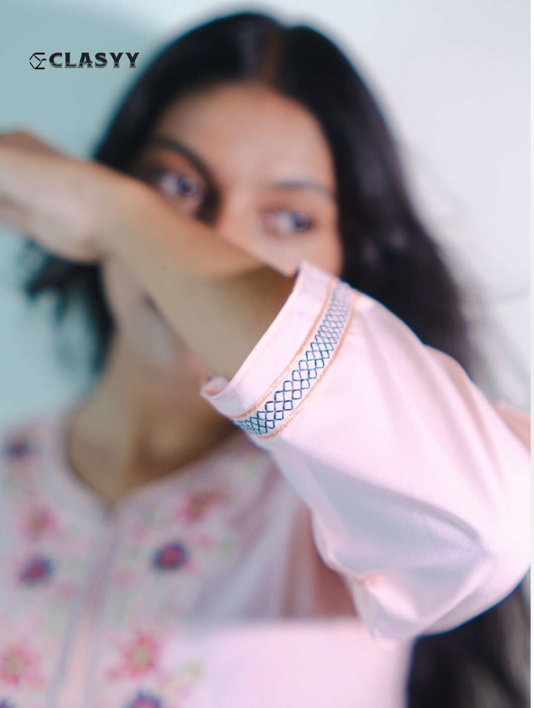 Women Blush Pink Embroidered Kurta with Floral Yoke