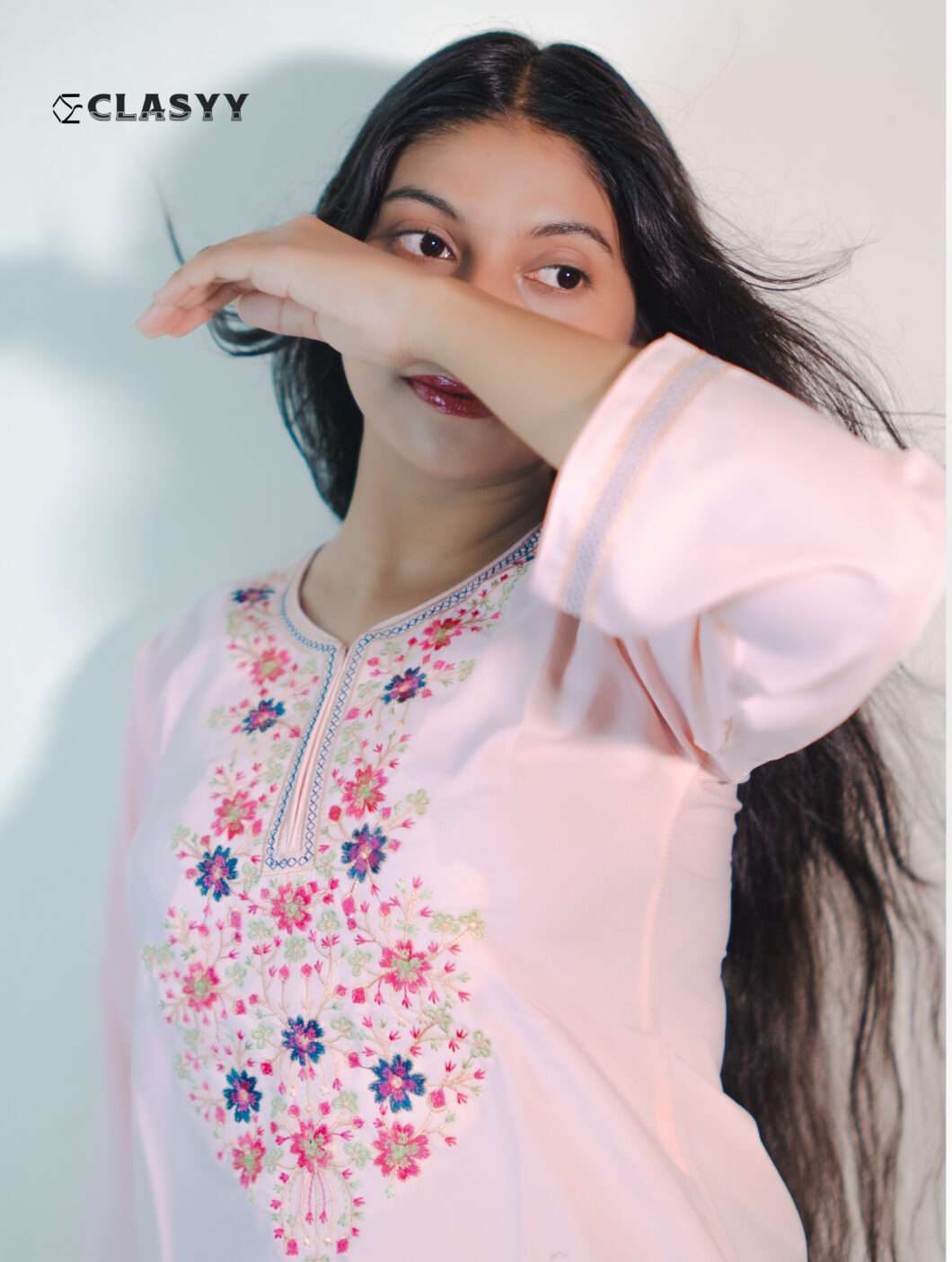 Women Blush Pink Embroidered Kurta with Floral Yoke