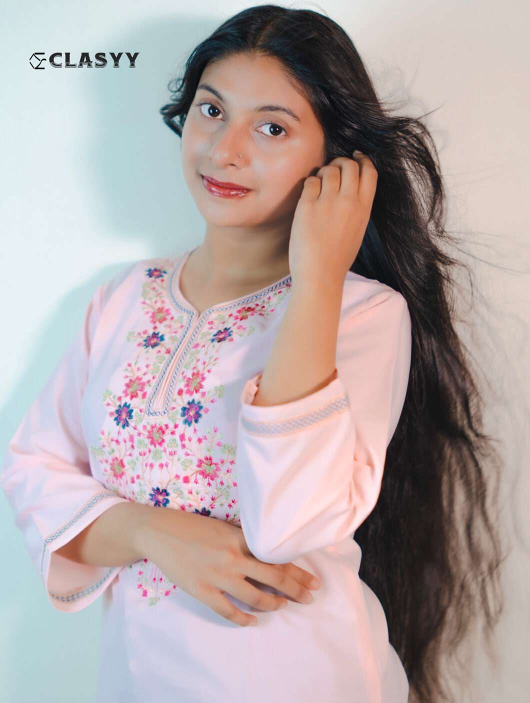 Women Blush Pink Embroidered Kurta with Floral Yoke