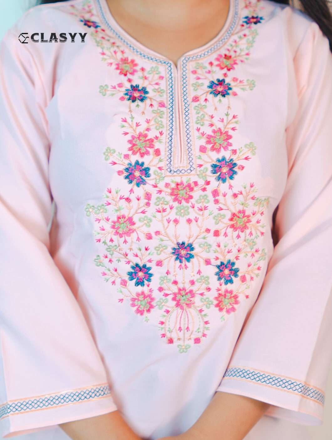 Women Blush Pink Embroidered Kurta with Floral Yoke