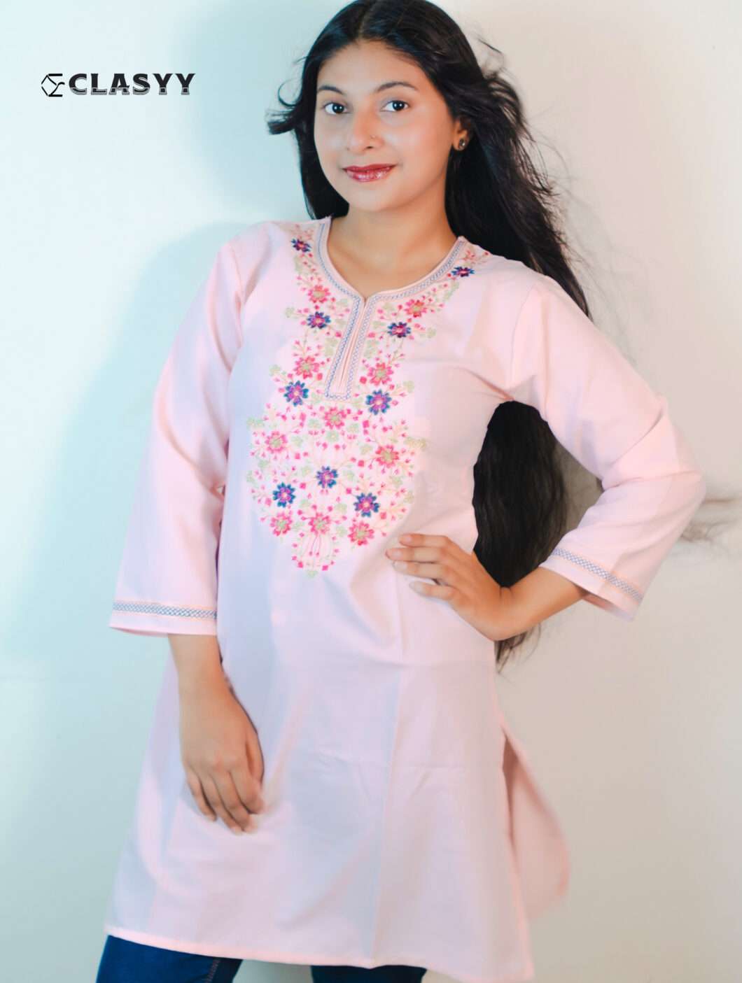 Women Blush Pink Embroidered Kurta with Floral Yoke