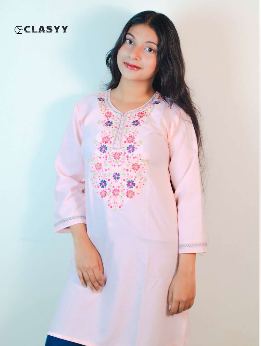 Women Blush Pink Embroidered Kurta with Floral Yoke