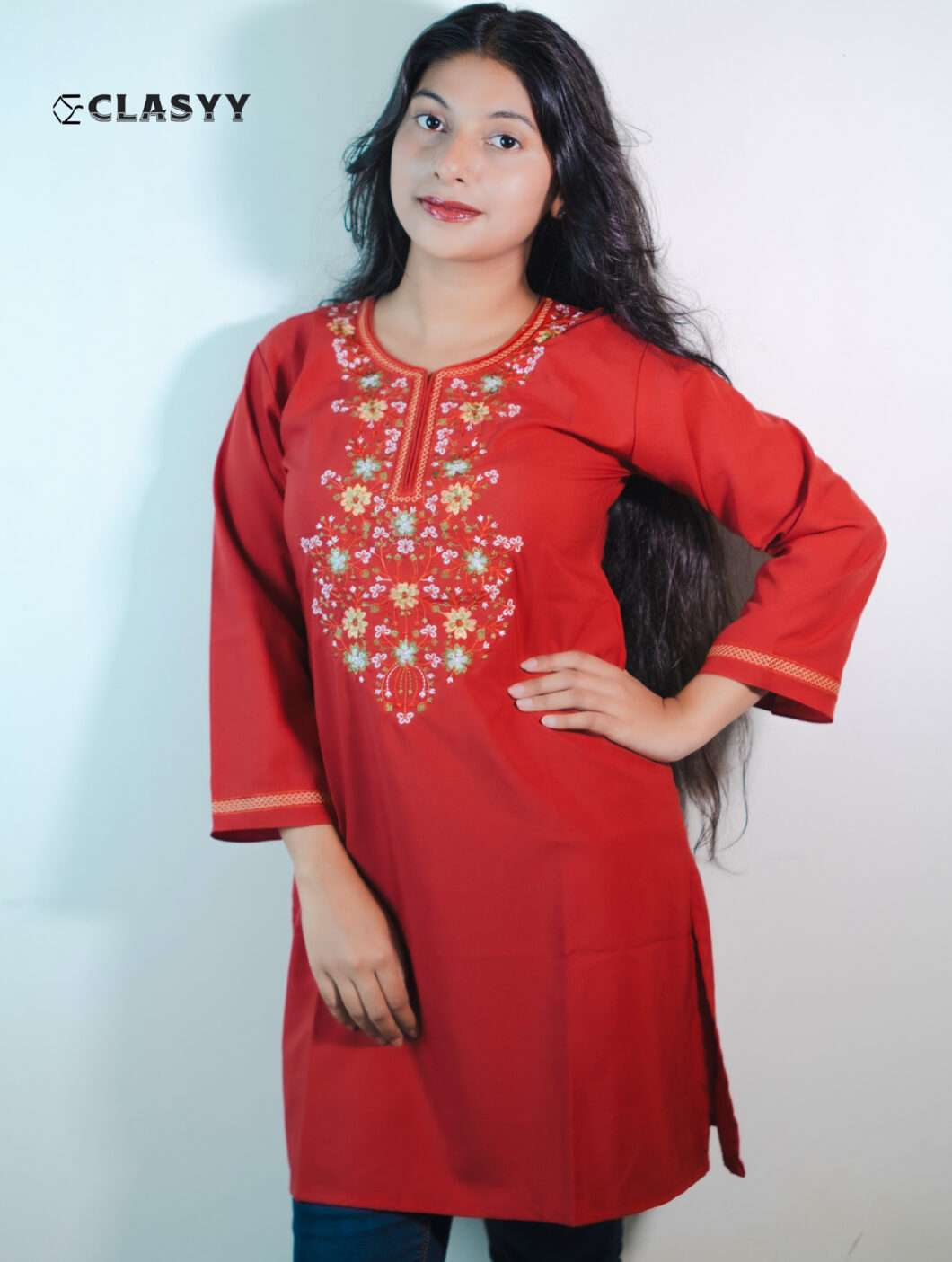 Women Vibrant Red Embroidered Kurta with Golden Accents Floral Yoke