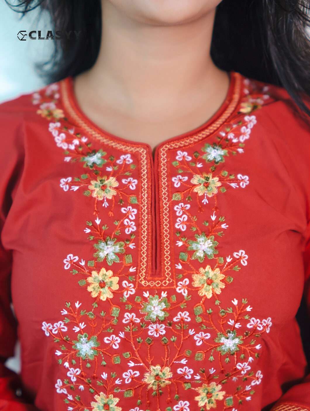 Women Vibrant Red Embroidered Kurta with Golden Accents Floral Yoke