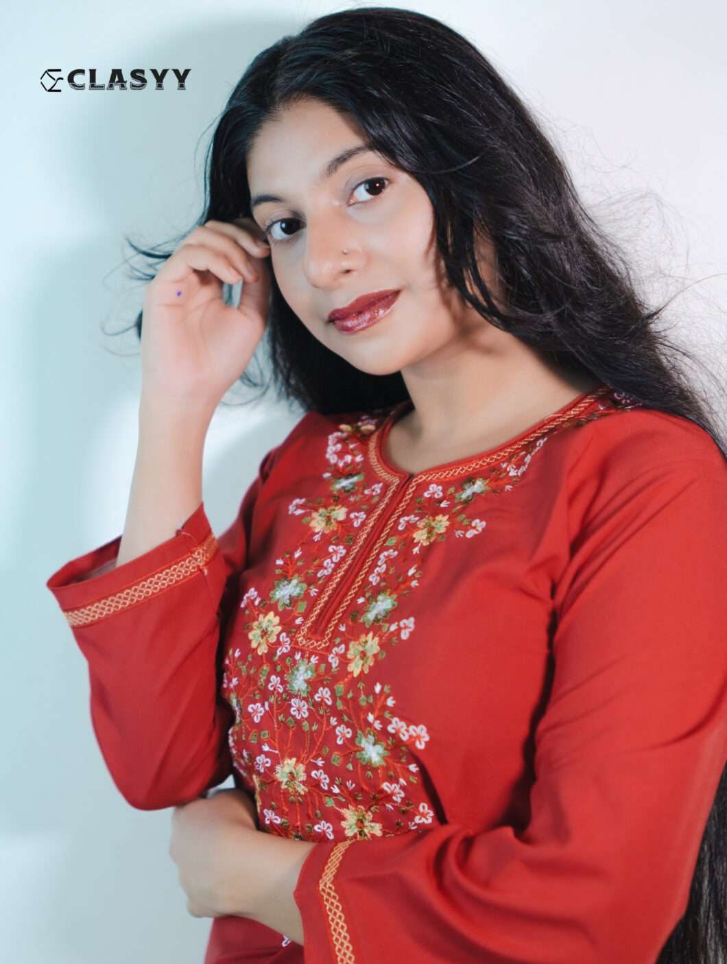 Women Vibrant Red Embroidered Kurta with Golden Accents Floral Yoke