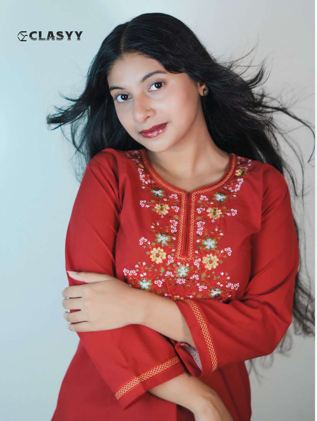 Women Vibrant Red Embroidered Kurta with Golden Accents Floral Yoke