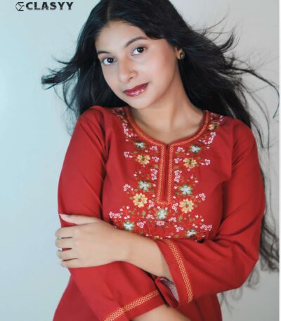 Women Vibrant Red Embroidered Kurta with Golden Accents Floral Yoke