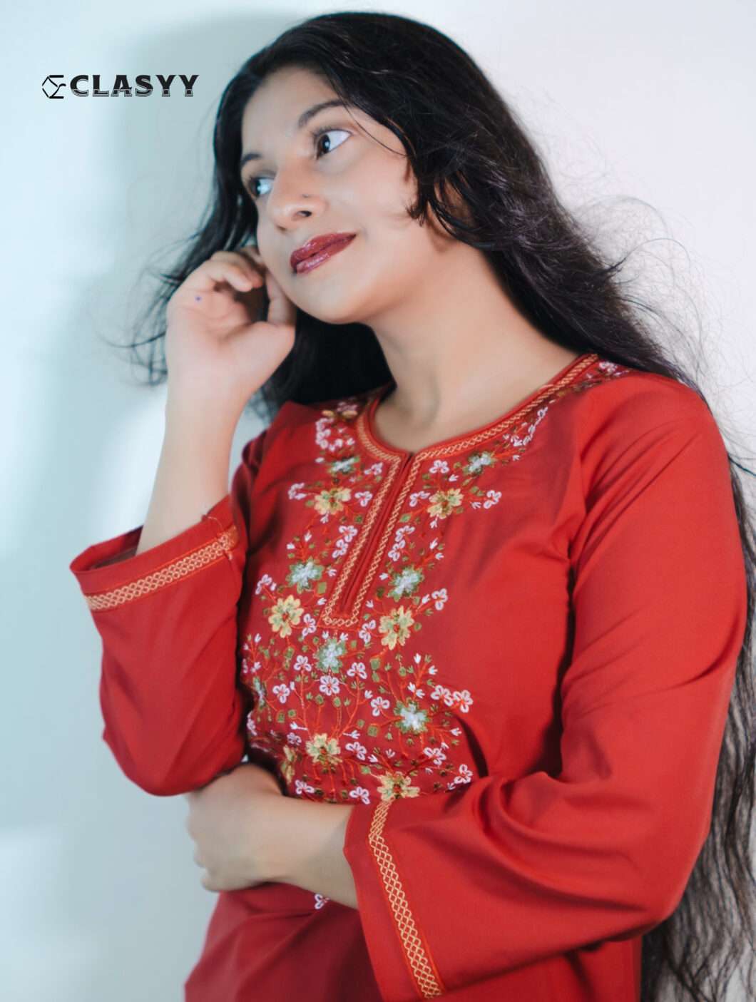 Women Vibrant Red Embroidered Kurta with Golden Accents Floral Yoke