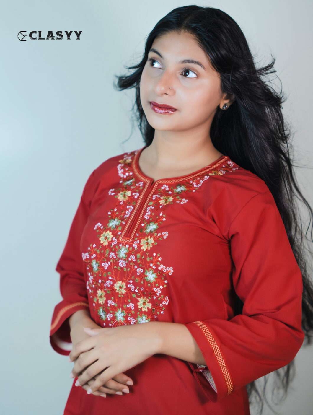 Women Vibrant Red Embroidered Kurta with Golden Accents Floral Yoke