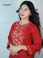 Women Vibrant Red Embroidered Kurta with Golden Accents Floral Yoke