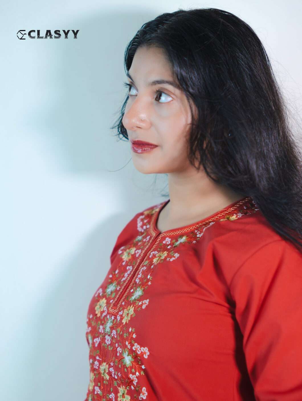 Women Vibrant Red Embroidered Kurta with Golden Accents Floral Yoke
