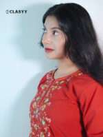 Women Vibrant Red Embroidered Kurta with Golden Accents Floral Yoke