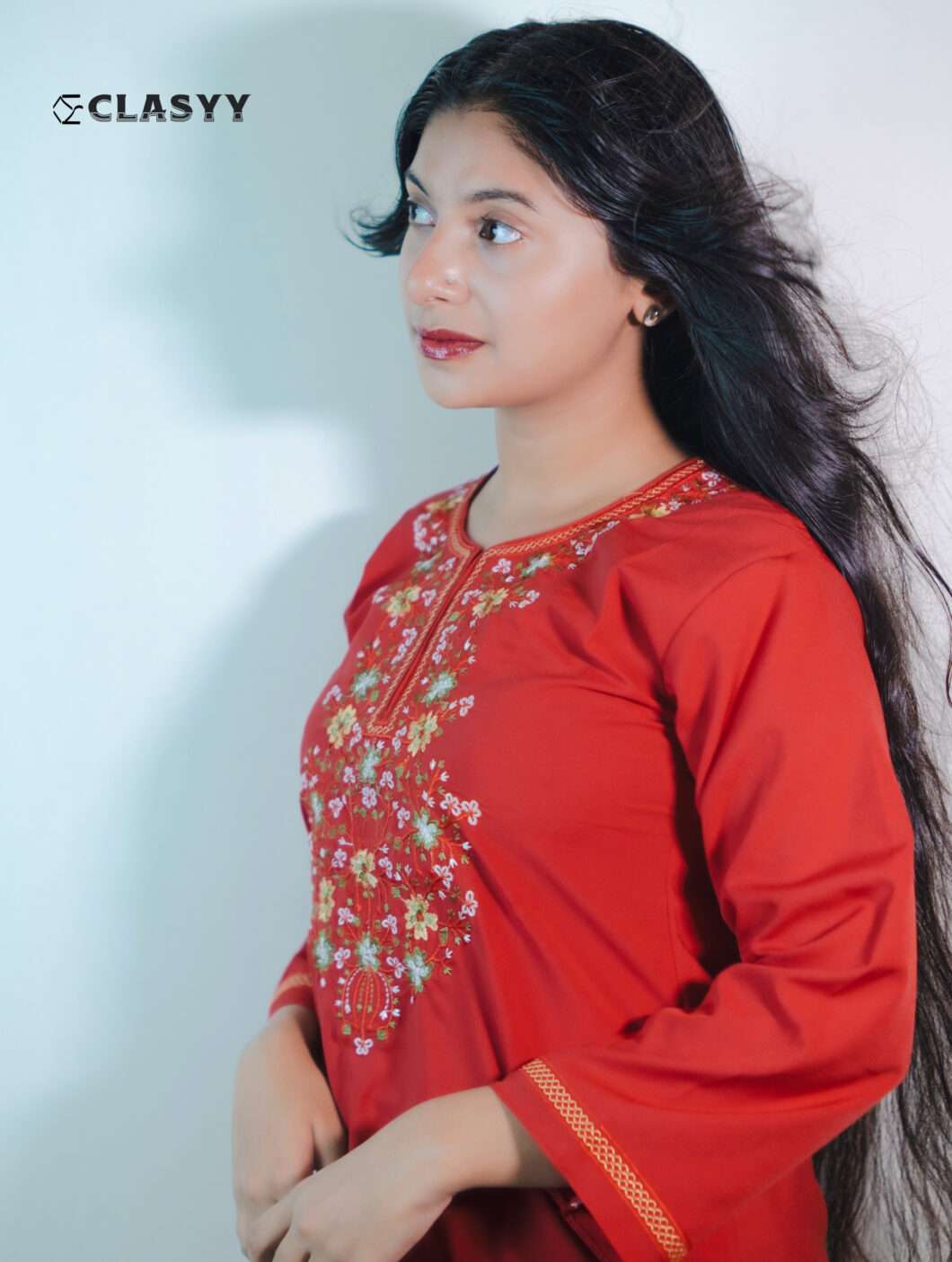 Women Vibrant Red Embroidered Kurta with Golden Accents Floral Yoke