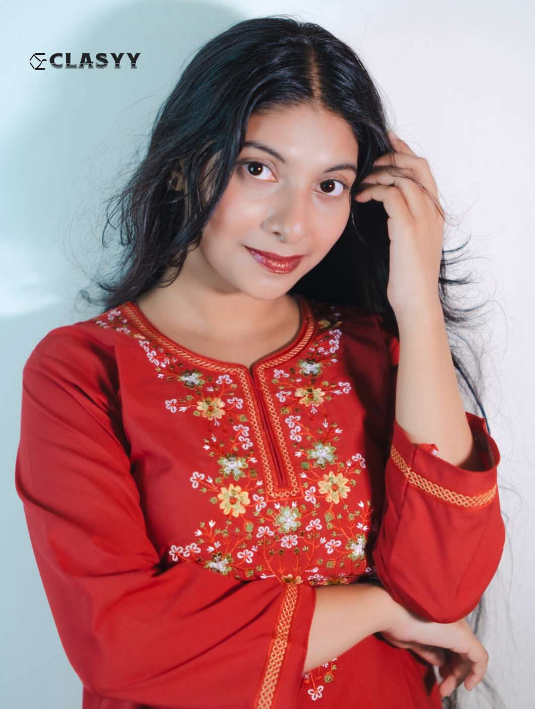 Women Vibrant Red Embroidered Kurta with Golden Accents Floral Yoke