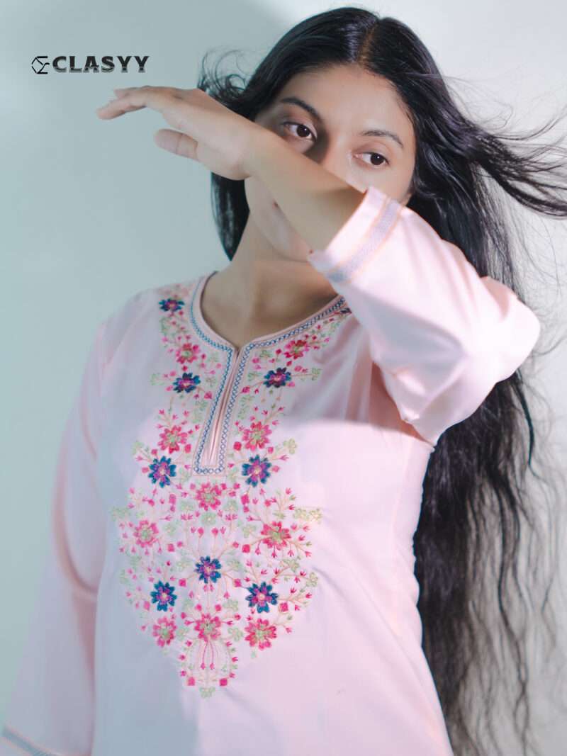 Women Blush Pink Embroidered Kurta with Floral Yoke