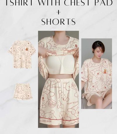 Women Summer Printed Short-sleeved T-shirt With Chest Pad + Shorts Combo